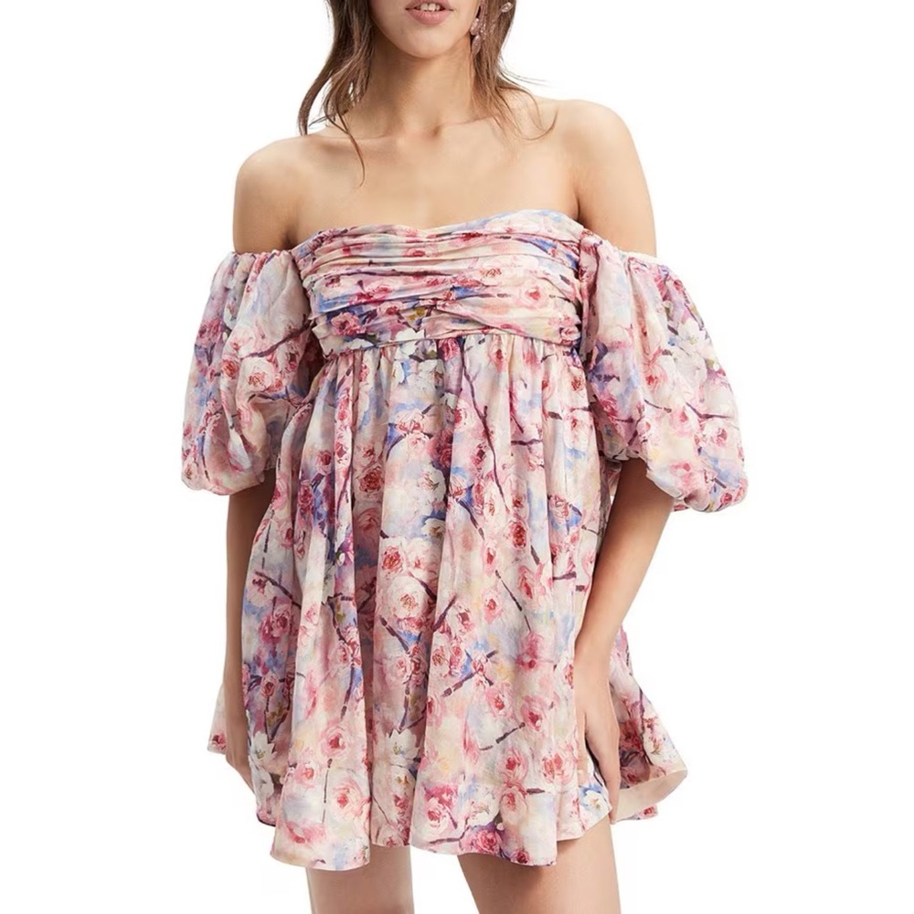 BARDOT NWT Floral Print Off-the-Shoulder Puff Sleeve Empire Waist Mini Dress 10